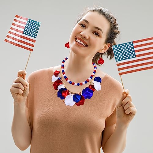 Faerliiry 4Th Of July Jewelry Set Flower Petal Necklace For Women Beaded Necklace Earrings Usa American Patriotic Earrings Necklace Set Rose Petal Pendant Necklace Independence Day Party Gift thumb #2