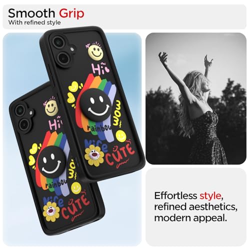 Image of Pikkme Back Cover for Samsung Galaxy F06 5G / M06 5G | Soft Silicone| Cute Rainbow Smile & 3D Cartoon Flower Design | Shockproof Raised Camera Protection Bumper Case (Black)