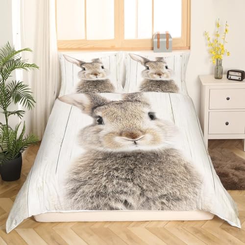 Homewish Brown Rabbit Duvet Cover Rustic Farmhouse Wooden Background Bedding Set Super King Cute Woodland Animal Comforter Cover For Kids Boys Girls Wild Bunnies Quilt Cover With Zipper 3 Pcs - Image 2