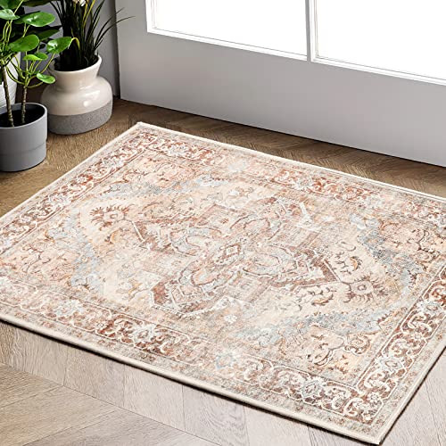 TOPICK Door mat Washable 60x90cm Brick Red Entryway Doormat Indoor Floral Print Small Rug Thin Lightweight Non Slip Carpet for Kitchen Bathroom