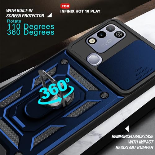Image of AESTMO Tough Armor Infinix hot 10 Play Bumper Back Case Cover | Ring Holder & Sliding Camera Shield Cover | 360 Degree Protection Back Case Cover for Infinix hot 10 Play (Blue)