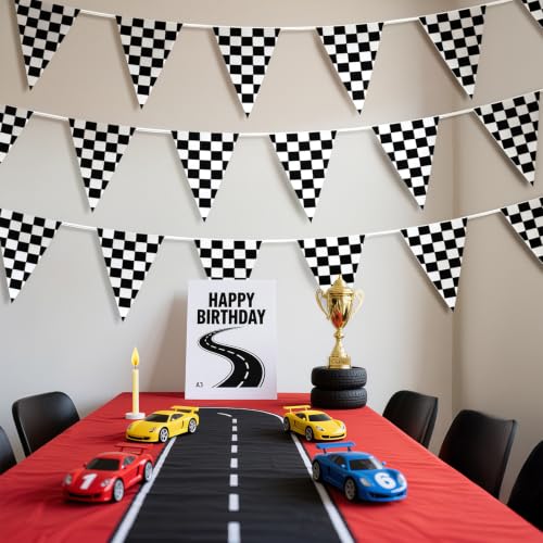Image of Piokio 10 Meters Black and White Checkered Flag Banner - Racing Flags for Nascar Cars Birthday Party Decorations Supplies