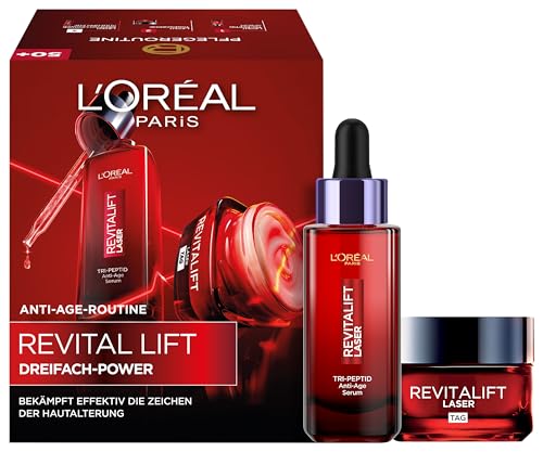 L'Oréal Paris Dreifach-Power Anti-Aging Set, Serum 30 ml und Tagescreme 50 ml, mit 3-fach Wirkung, gegen Falten, mit Pro-Retinol, Hyaluron und Vitamin C, Revitalift Laser, Amazon Exklusiv