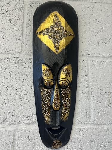 One World is Enough 50cm Indigenous African Style Borneo Tribal Gold Hand Carved Wooden Tribal Mask - Fair Trade
