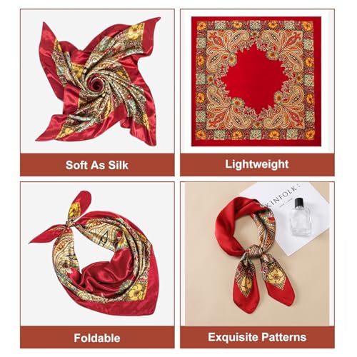 35” Satin Head Scarf Women Large Square Silk Feel Bandana Red Satin Hair Wrap Kerchief for Hair Wrapping, Sleeping & Pirate Costume (1PC)3
