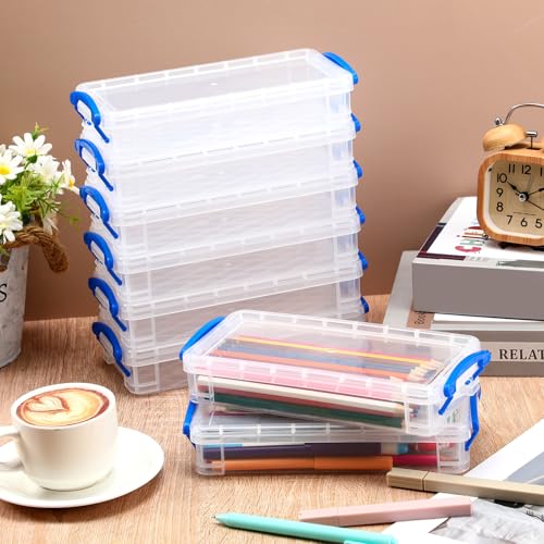 Image of Gueevin 12 Pcs Large Capacity Plastic Pencil Box Clear Plastic Pencil Case Crayon Box with Snap Tight Lid Watercolor Pen Storage Brush Organizer Drawing Tools Container (Blue)