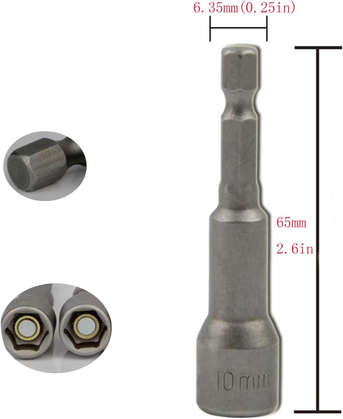 2pcs 1/4" Impact Driver Bit Set - 10mm Nut Driver, Magnetic Socket, 65mm Length, Metric