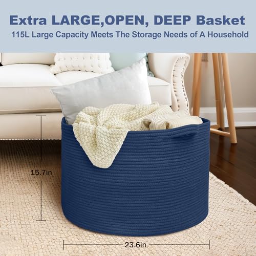 Image of MEGASKET 115L Dark Blue Basket for Organizing, 23.6 inch x 15.7 inch XXXL Woven Cotton Rope Laundry Basket, Oversized Blanket Storage for Living Room Bedroom, Kids Toy Box Organizer, Pool Towel Storage Bin