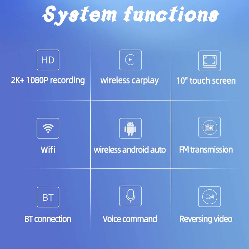 10" Super HD IPS Écran Tactile Smart Display Stéréo de Voiture Enregistreur Avant Intégré 12V-24V Camion Van sans Fil Carplay Android Auto Bluetooth 5.0 Mains Libres AHD Caméra