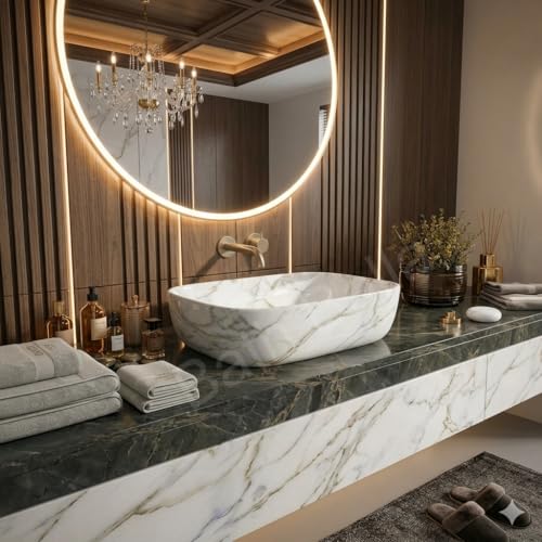 Image of Designer Ceramic Wash Basin For Bathroom | Over Counter Bathroom Basin | Counter Top Bathroom Sink | Wash Basin For Restaurant, Hotel (18 x13 x 5 Inch) (Designer White)