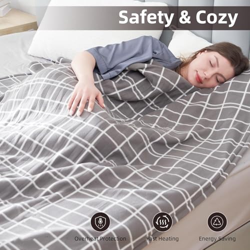 Electric Heated Blanket Queen Size 84"x90", Soft Fleece with 10 Hours Auto-Off & 4 Heating Levels, Dual Control and Machine Washable, LightGray Plaid