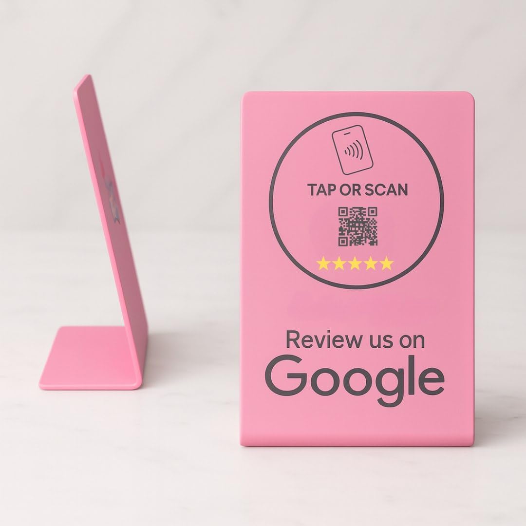 TAPro Google Review Stand - Smart NFC & QR Code Review Pink Sign for Small Businesses - Contactless Business Feedback Display - Professional Tabletop Plaque Compatible with iPhone and Android Devices