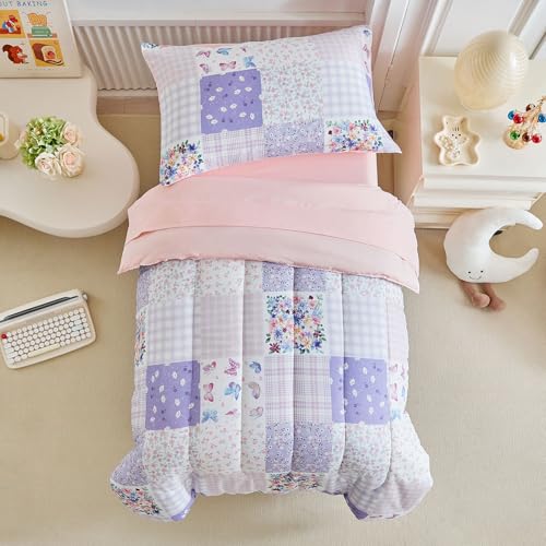 Image of Joyreap 4 Piece Toddler Bedding Set- Pink n Purple Floral Butterflies Patchwork Design, Microfiber Toddler Bedding Comforter Set for Girls