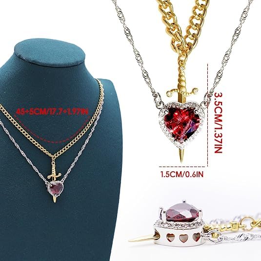 Image of figurine Gothic Jewellery, Friendship Necklace, Matching Necklace, Red Heart Pendant Collarbone Chain for Women and Girls