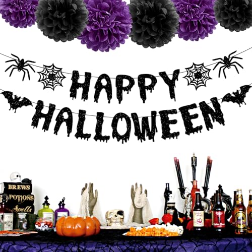 Image of Purple Black Happy-Halloween Party Decorations - 13PCS Spider Web Bats Streamers Banner ,Paper Flowers Lanterns Tissue Pom Poms Fans, Classroom Birthday Bachelorette Hanging Supplies Decor Hugfond