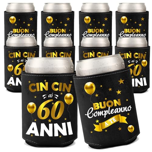 Regalo Compleanno Uomo Donna Confezione da 10 Raffredda Lattina in Neoprene Idea per decorazioni compleanni bottiglia birra bevande festa gadget copri lattina 60 anni (Nero - 60 Anni)