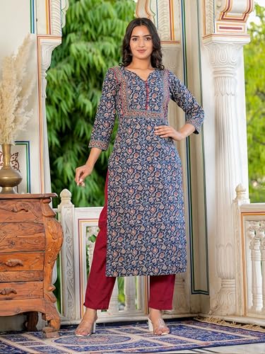 Image of Vbuyz Women Floral Print with Yoke Details Straight Cotton Stitched Kurta