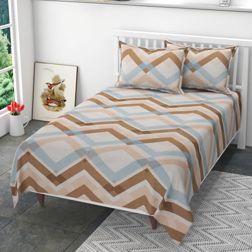 Image of 200 TC 100% Polycotton Printed Supersoft Bedsheet for Single Bed with 2 King Size Pillow Covers Soft /Breathable Wrinkel Free -60x90 Inches -Brown