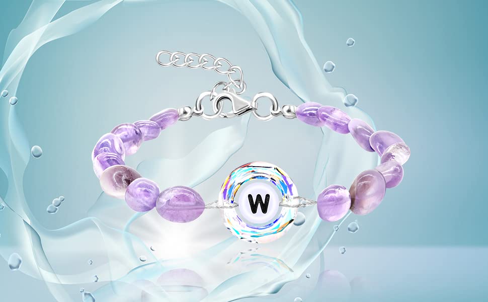 Image of Uloveido Purple Natural Stone and Austrian Crystal Letter Bracelet, Personalized Initial Jewelry for Women A-Z 26 Letters