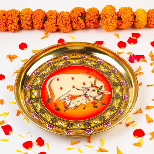 Image of Klassic 8 Inch Handcrafted Brass Thali /Aarti Plate | Cow Design, Beautifully Embossed Colorful Decorative Plate for Puja /Worship, Aarti, Karwa Chauth, Navratri, Diwali Gift | Medium(Pack of 1, Golden)