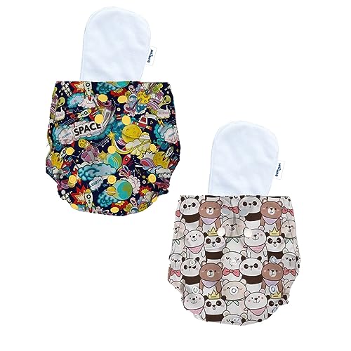 Image of Bumtum Baby Diaper | 0-3 Yrs Baby Freesize | Pack of 2, New Born Baby Diaper, Cloth Diaper, Waterproof Reusable Diaper, 5hrs Absorbency, Washable, Cotton, Extra Soft (Teddy Face & Space Old)