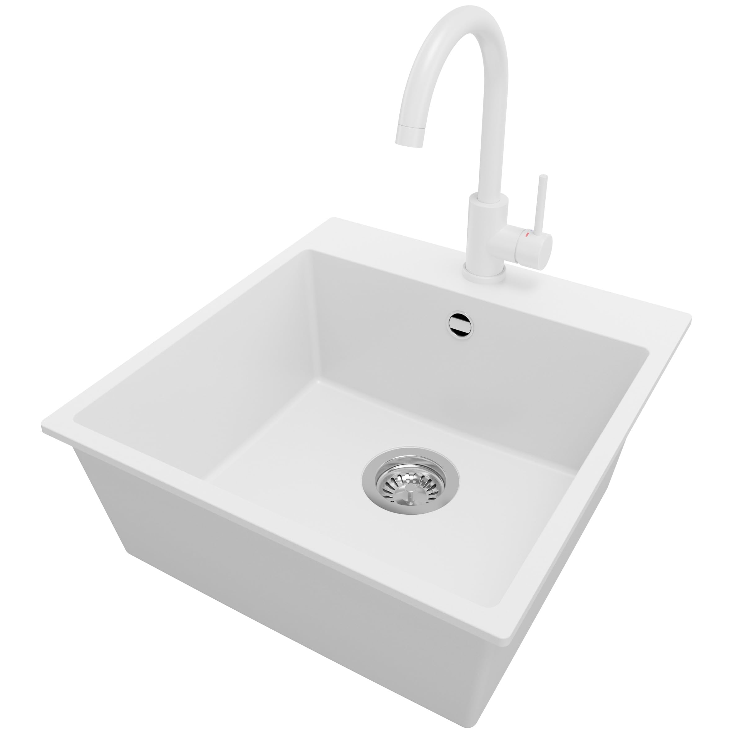 PRIMAGRAN Fregadero Granito Blanco 48x50cm, Cocina 1 Seno + Grifo 32x20cm + Sifón, Sobre Encimera al Mueble 50cm - Riga S227