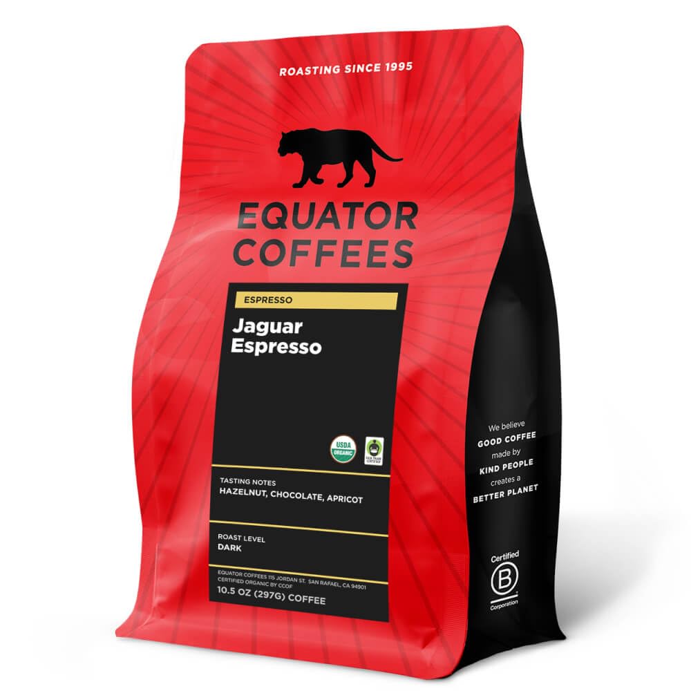 Equator Coffees, Jaguar Espresso, Organic Fine Ground Coffee, Dark Roast, Fresh Roasted, Hazelnut, Chocolate & Apricot Flavor Notes, Sustainable and