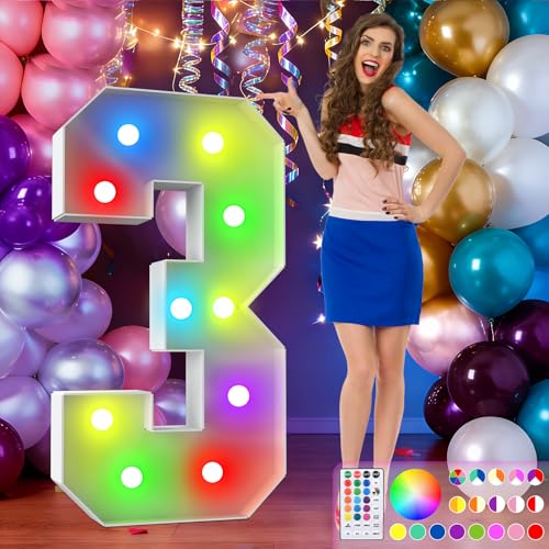 Image of 4FT Colorful Marquee Numbers,18-Color Number 3 with Remote Control Large Light Up Numbers Sign,Pre-Cut Foam Board Set for Party Decoration, Birthdays, Weddings, Graduations, Baby Anniversaries