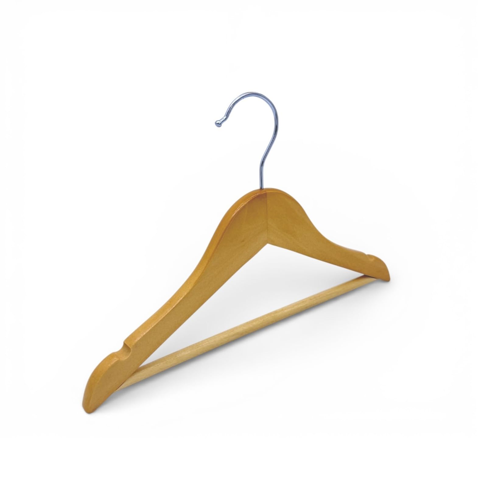 5x Wooden Children’s Clothes Hangers 30.5cm with Bar & Shoulder Notches – Natural Wood Kids Coat Hangers, 360° Swivel Chrome Hook, Space-Saving Wardrobe Storage