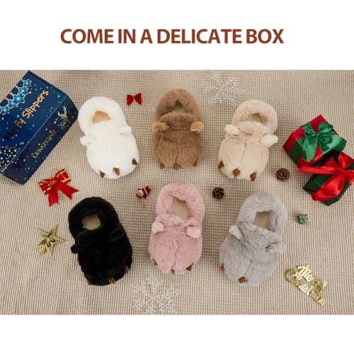 LEMZONE Fuzzy Animal Slippers for Women Cute Warm Furry Bear Paw Funny House Slippers with Non-skid Bottoms4