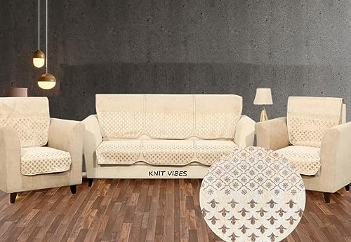 Image of Premium Jaquard Velvet Fabric Sofa Cover Set for 5 Seater Sofa, 5 Seater with 6 Pcs of Arms Included, Total 16 Pcs Beige /Cream Color Sofa Cover