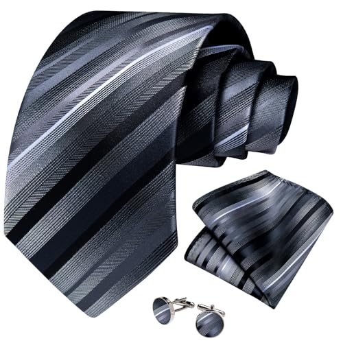Image of DiBanGu Striped Tie Set for Men Silk Woven Plaid Necktie and Pocket Square Cufflinks Business Wedding