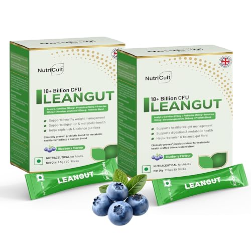 Nutricult LeanGut Sticks with Acetyl L-Carnitine, Green Tea Extract & Probiotics | Gut Health, Metabolism & Digestive Support | For Men & Women | 60 Sticks | Blueberry
