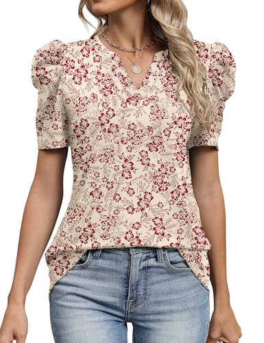 Image of LOMON Spring Summer Tops for Women 2026 V Neck Puff Short Sleeve Tops Fashion Trendy Work Blouses Dressy Casual S-XXL
