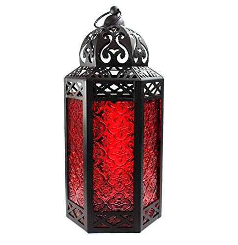 Vela Lanterns Moroccan Style Candle Lantern with LED Fairy Lights, Large, Red Glass