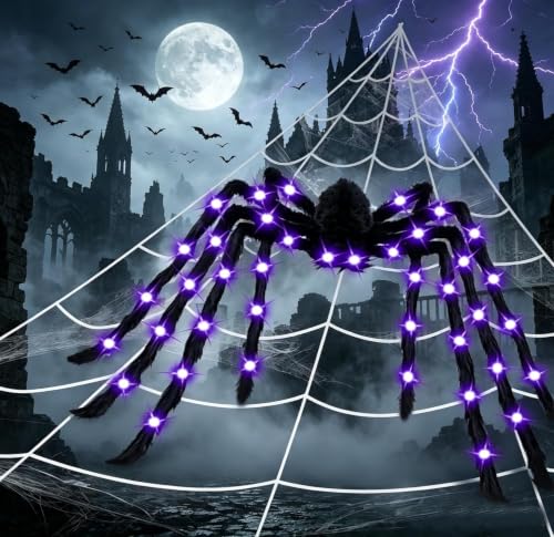 59" Halloween Giant Spider LED Purple Glow Hairy Red Eyes Bendable Decor - image 5