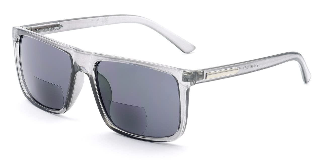 ZAVISH Bifocal Reading Sunglasses Sun Readers Tinted Glasses Mens Classic Square Designer Translucent Grey Frame UV400 Grey Lens & Case +1.50