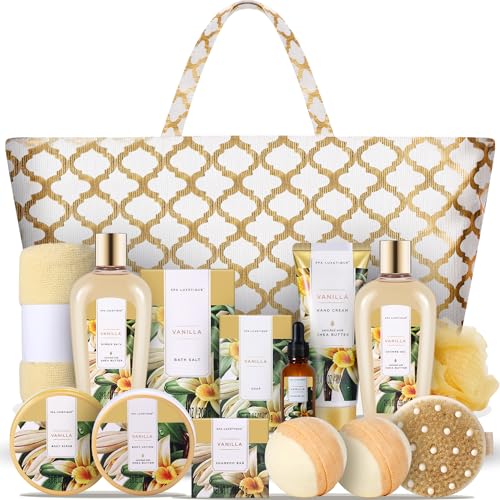 Spa Luxetique Gift Baskets for Women,15 Pcs Vanilla Spa Gifts for Women, Women's Gifts with Bubble Bath, Bath Salt, Bath Bombs, Christmas Spa Baskets