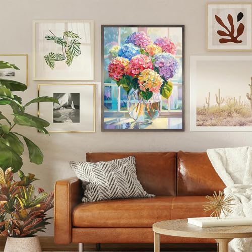Image of HASTHIP Diamond Painting Kits for Adults, Color Hydrangea 5D Diamond Art Kits for Beginner Kids DIY Full Drill Diamond Dots Crystal Craft Kits for Home Wall Decor Gifts, No Frame 12x16 inch