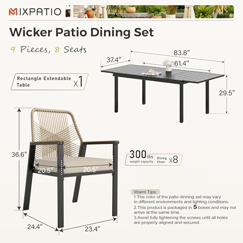 Image of MIXPATIO Patio Dining Set, Extendable Metal Table, 8 Rattan Chairs, Beige | 84 inch outdoor rectangular table, wicker 3.2 inchcushion chairs. Waterproof, rust-resistant, all-weather for yard, porch