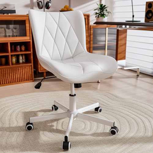 Image of Armless Desk Chair, Morden Home Office Chair no Arms, Adjustable Height & Rocking Computer Chair, PU Leather Vanity Chair, Ergonomic Seat Soft Padded Desk Chairs for Home Small Space, White