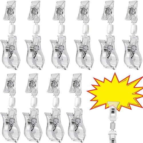 ポップクリップ 10個セット POP クリップホルダー 両端使用可能 クリップ 値札 スタンド プライス用 防水 回転可能 サインホルダー 店舗 展示 スーパーマーケット 屋台 衣料品店など用 価格表示 透明 開口部上部1cm 下部3.5cm