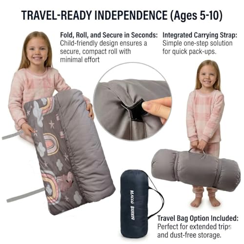 Image of Kids Sleeping Bag - 61 inch Extra-Long Slumber Bag with Detachable Pillow - All Seasons for Older Children & Girls - Large Portable Indoor Bedding for Home, Travel & Naps