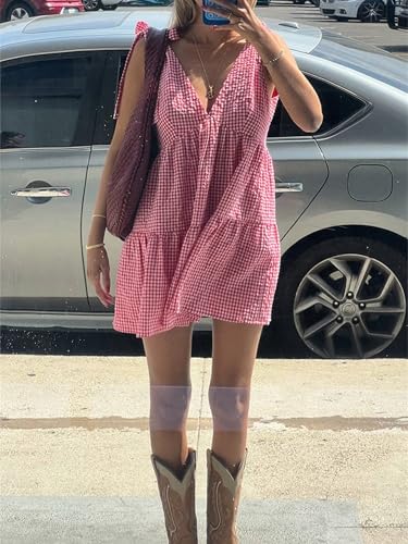 Image of Women Y2k Plaid Short Dress Sleeveless Tie Shoulder Backless Flowy Babydoll Gingham Mini Dress Casual Cute Streetwear