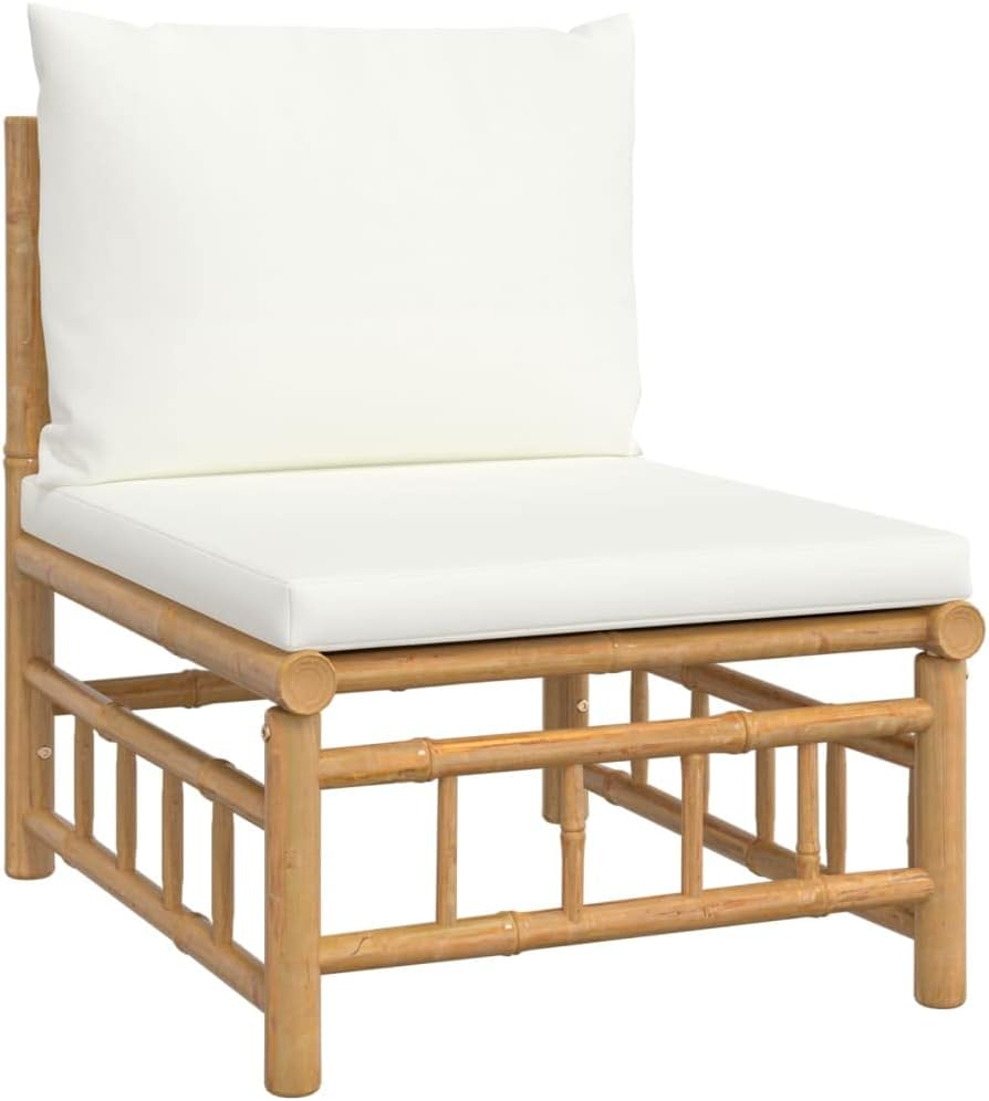 6 Piece Garden Lounge Set with Cream White Cushions, Durable Bamboo Outdoor Furniture, Modular Patio Seating Sofa Set with Comfortable Armrest and Sturdy Table