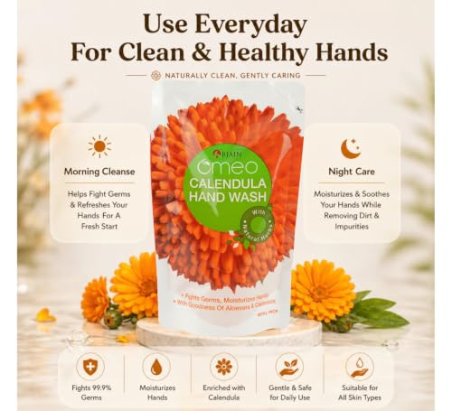 Image of Omeo Calendula Handwash Liquid Refill Pack Pouch 180ml(Pack of 8, 1440ml) for Germs Free, Soft & Moisturized Hand with Aloe Vera & Calendula | Tough on Germs & Dirt | Hand Wash Safe for All Types Skin, Daily Use