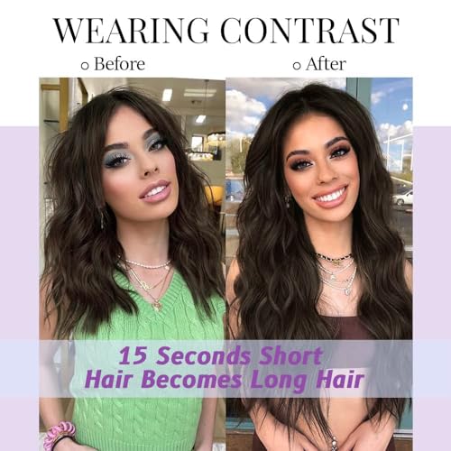 Image of KooKaStyle Clip in Synthetic Hair Extensions Long Wavy 4PCS Thick Hairpieces Dark Walnut Brown Fiber Double Weft Natural Hair Extensions 20 Inch for Women