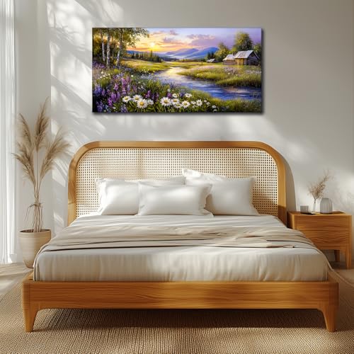 SERIMINO Large Wall Art Prints, Rural Landscape Wall Decor, Meadow Wildflower Canvas Painting, River Cottage Pictures Home Decor Living Room Bedroom, Green Scenery Farmhouse Decor Artwork 20"X40"