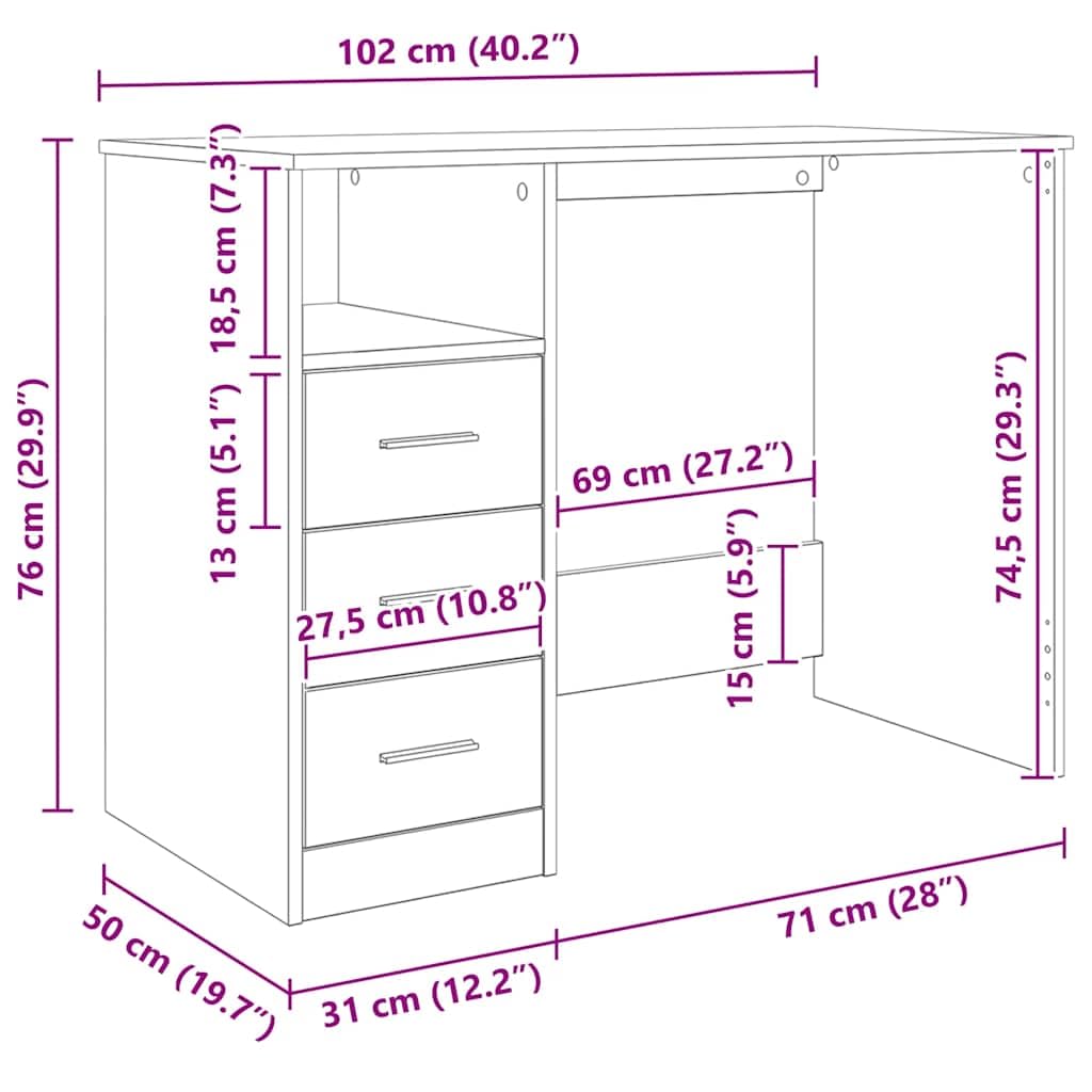 Scrivania in rovere Artisan, 102 x 50 x 76 cm, con 3 cassetti, moderna scrivania da ufficio per casa e studenti, ideale per computer, tavolo da lavoro compatto con spazio