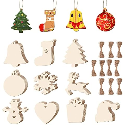DUDSOEHO 100PCS Wooden Christmas Decorations - 10 Shapes Christmas Crafts Unfinished Wooden Ornaments Wooden Baubles for DIY Crafts Christmas Tree Hanging Decoration Cover